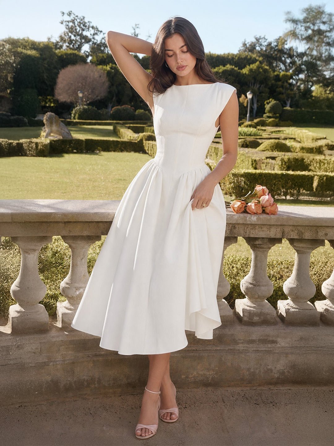 Elin | Dames Vintage Bateau-Hals Midi Satijn Jurk