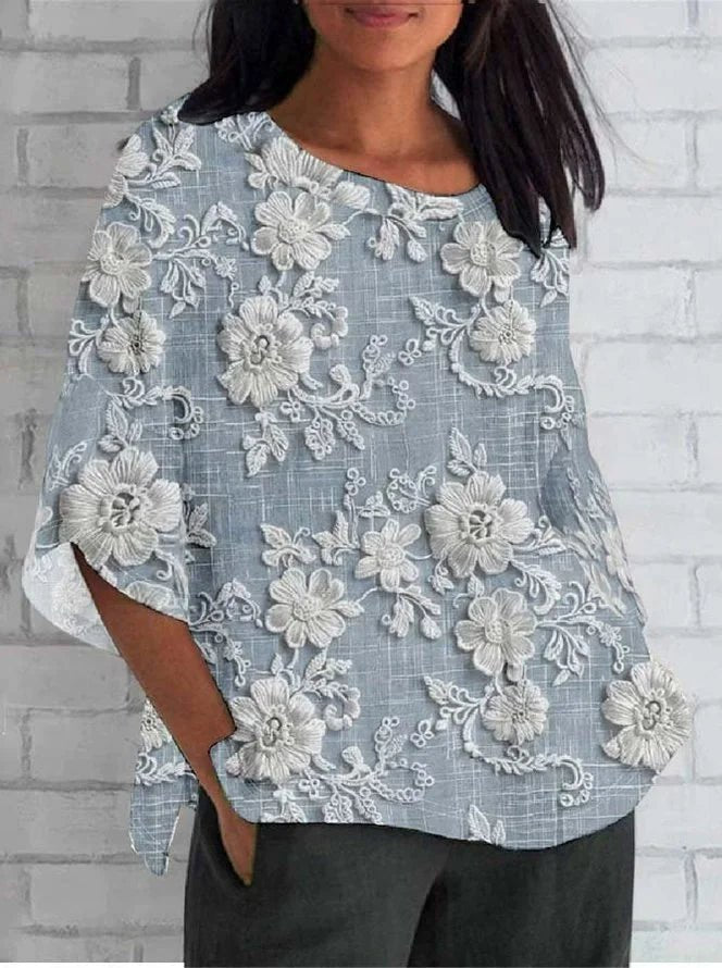 Emma | Dames Vintage Bloemen Relaxed-Fit Blouse met Kant