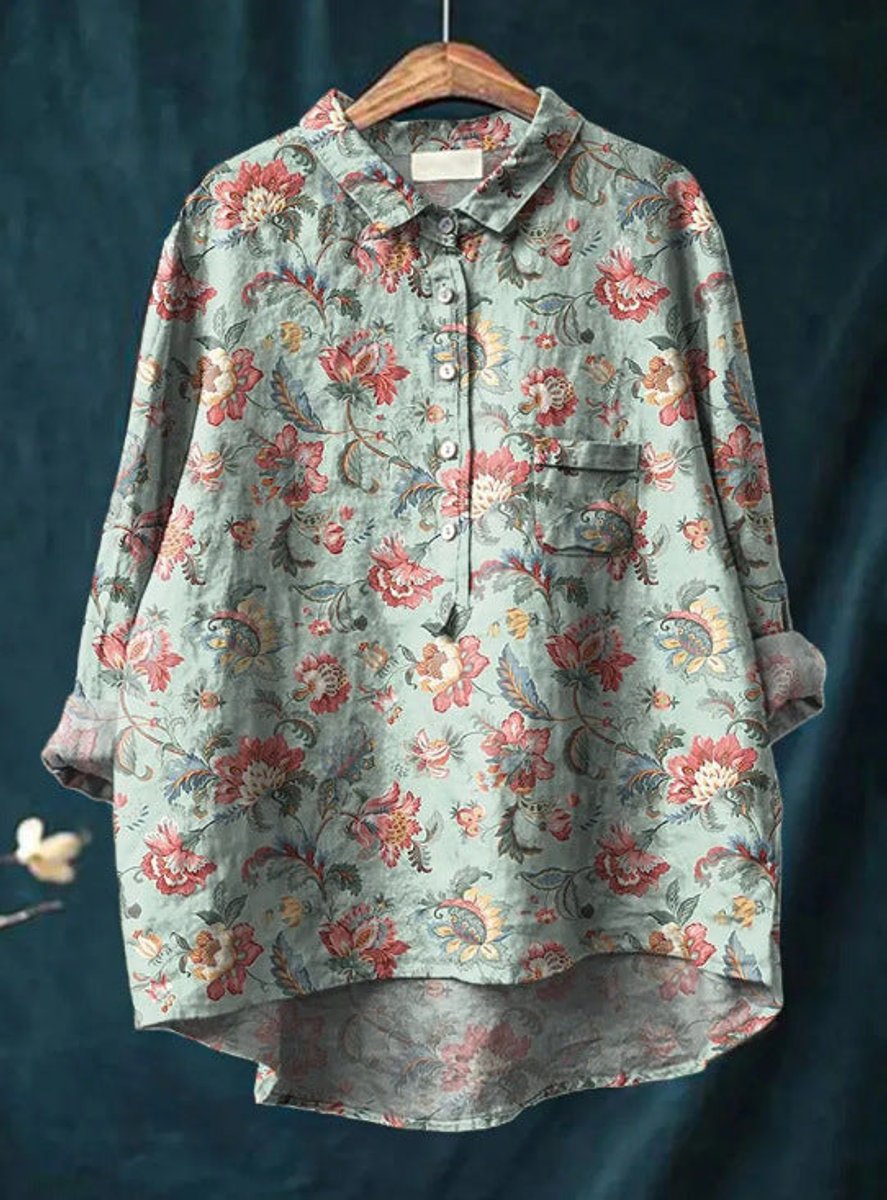 Yara | Dames Vintage Bloemenprint Oversized Linnen Blouse