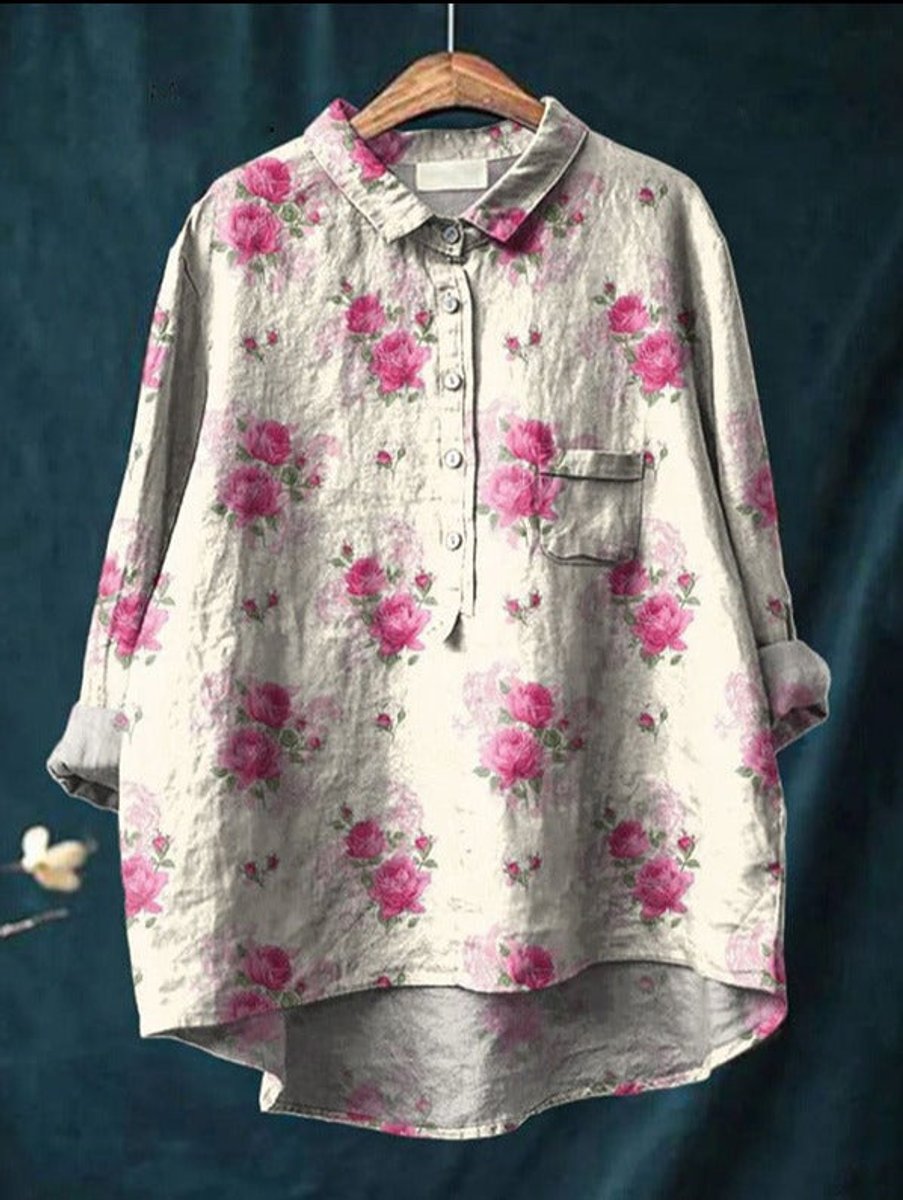 Yara | Dames Vintage Bloemenprint Oversized Linnen Blouse