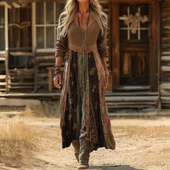 Sara | Dames Vintage Boho Lange Mouwen Jurk V-hals Midi