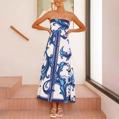 Lisa | Dames Vintage Geprinte Strapless Maxi Jurk