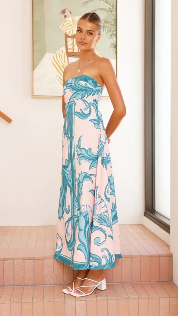 Lisa | Dames Vintage Geprinte Strapless Maxi Jurk