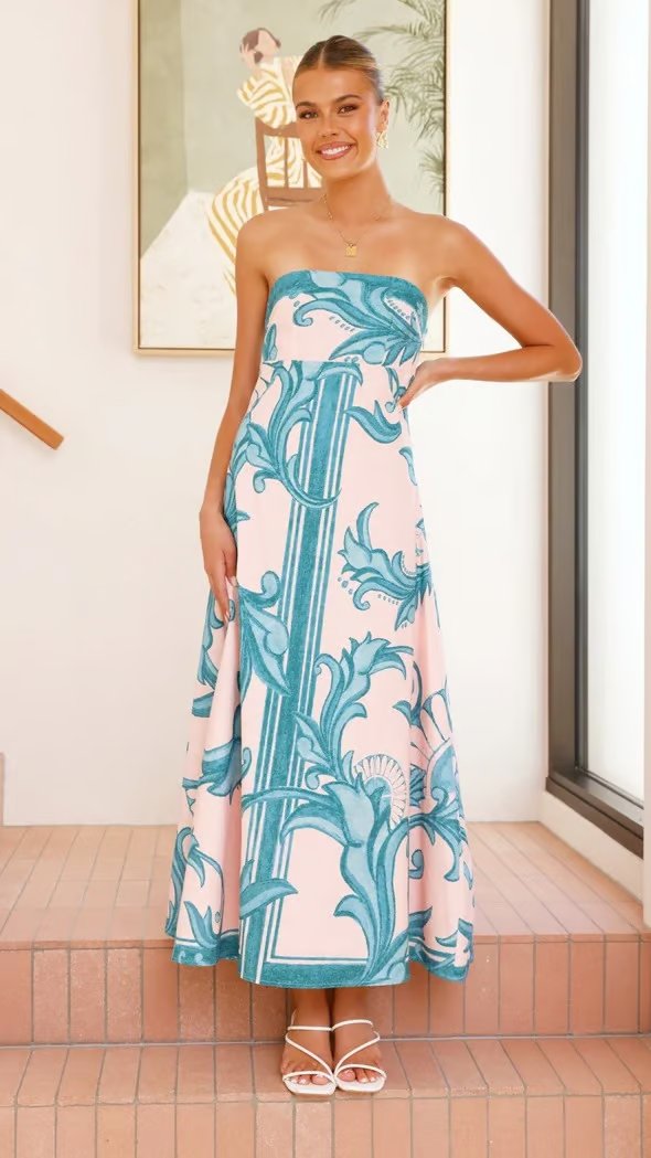 Lisa | Dames Vintage Geprinte Strapless Maxi Jurk