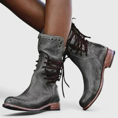 Lisa | Dames Vintage Leren Veterlaars Knee High Boots Blokhak