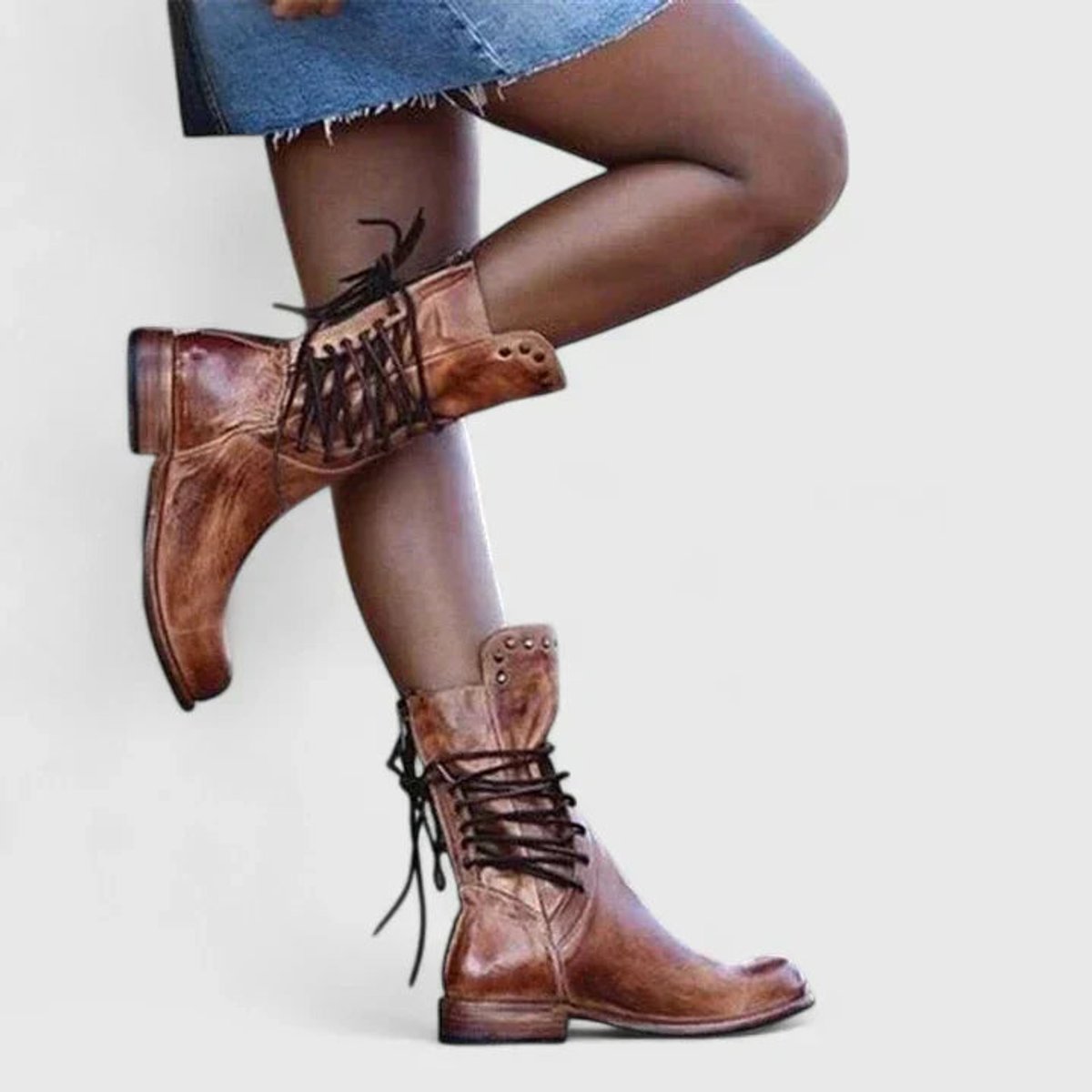 Lisa | Dames Vintage Leren Veterlaars Knee High Boots Blokhak