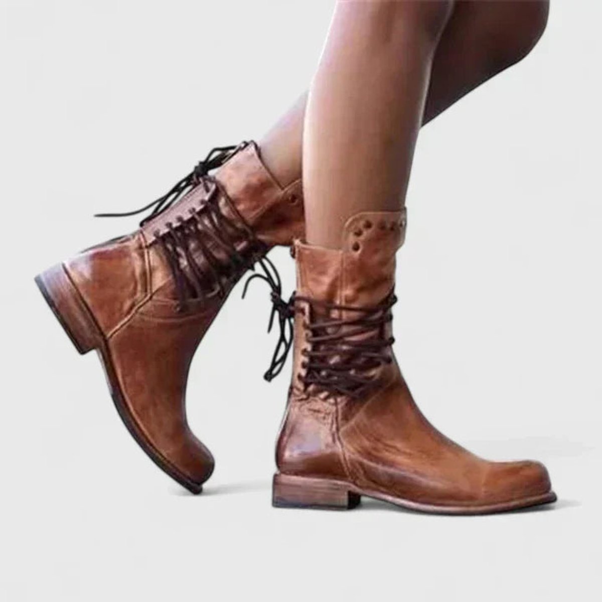 Lisa | Dames Vintage Leren Veterlaars Knee High Boots Blokhak