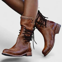 Lisa | Dames Vintage Leren Veterlaars Knee High Boots Blokhak