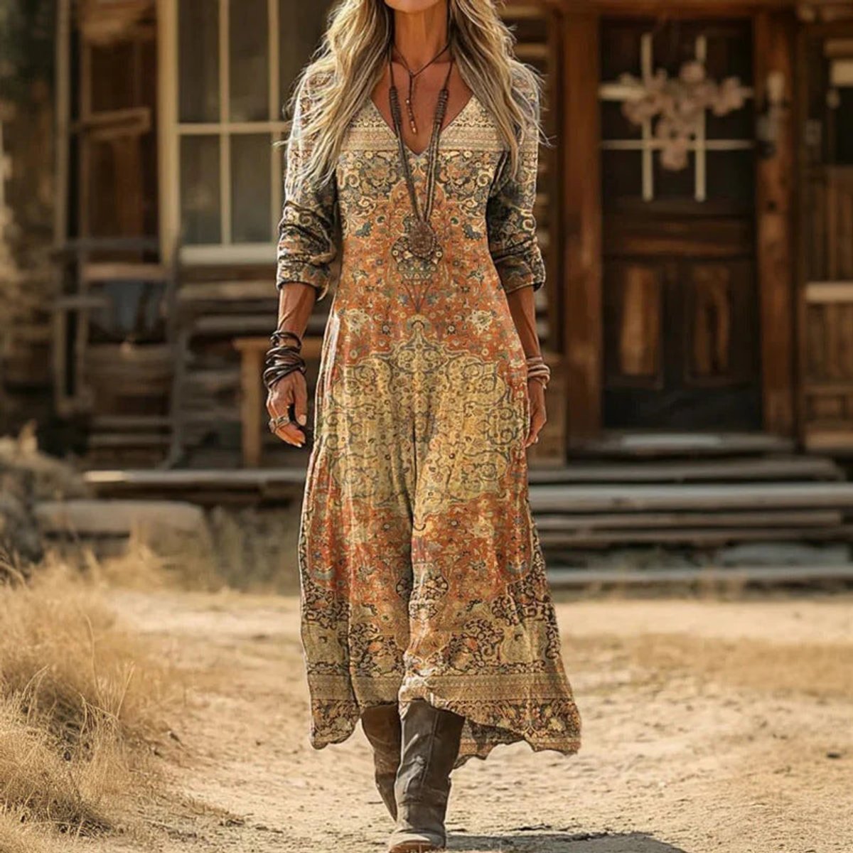 Nora | Dames Vintage V-hals Long Sleeve Dress Bohemian Maxi Jurk