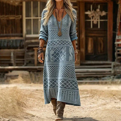 Nora | Dames Vintage V-hals Long Sleeve Dress Bohemian Maxi Jurk