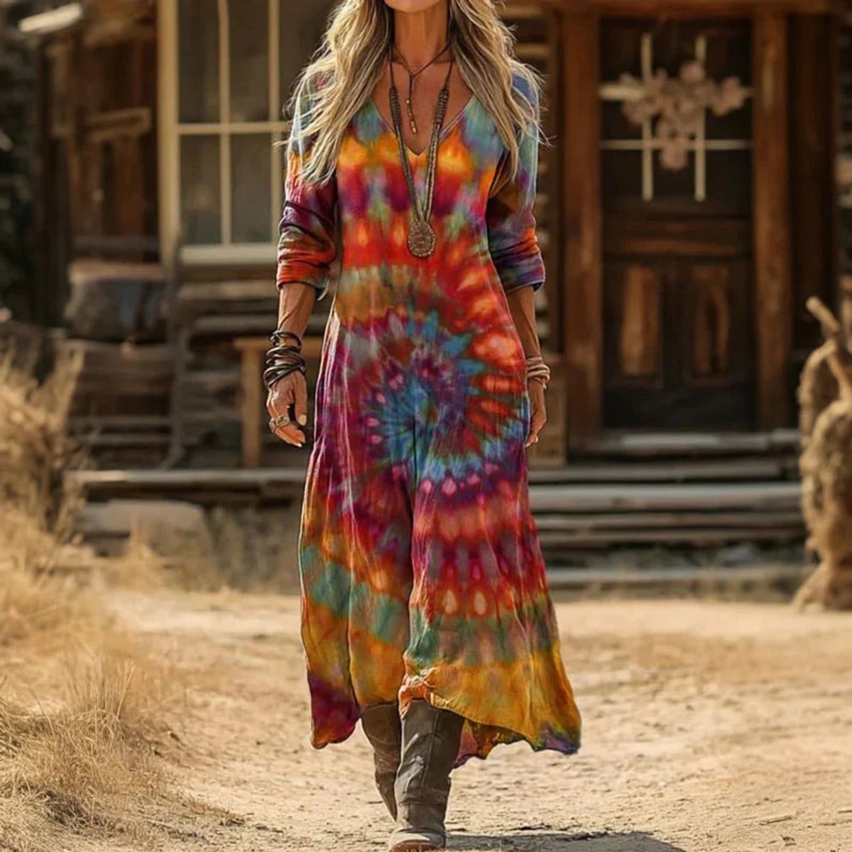 Nora | Dames Vintage V-hals Long Sleeve Dress Bohemian Maxi Jurk