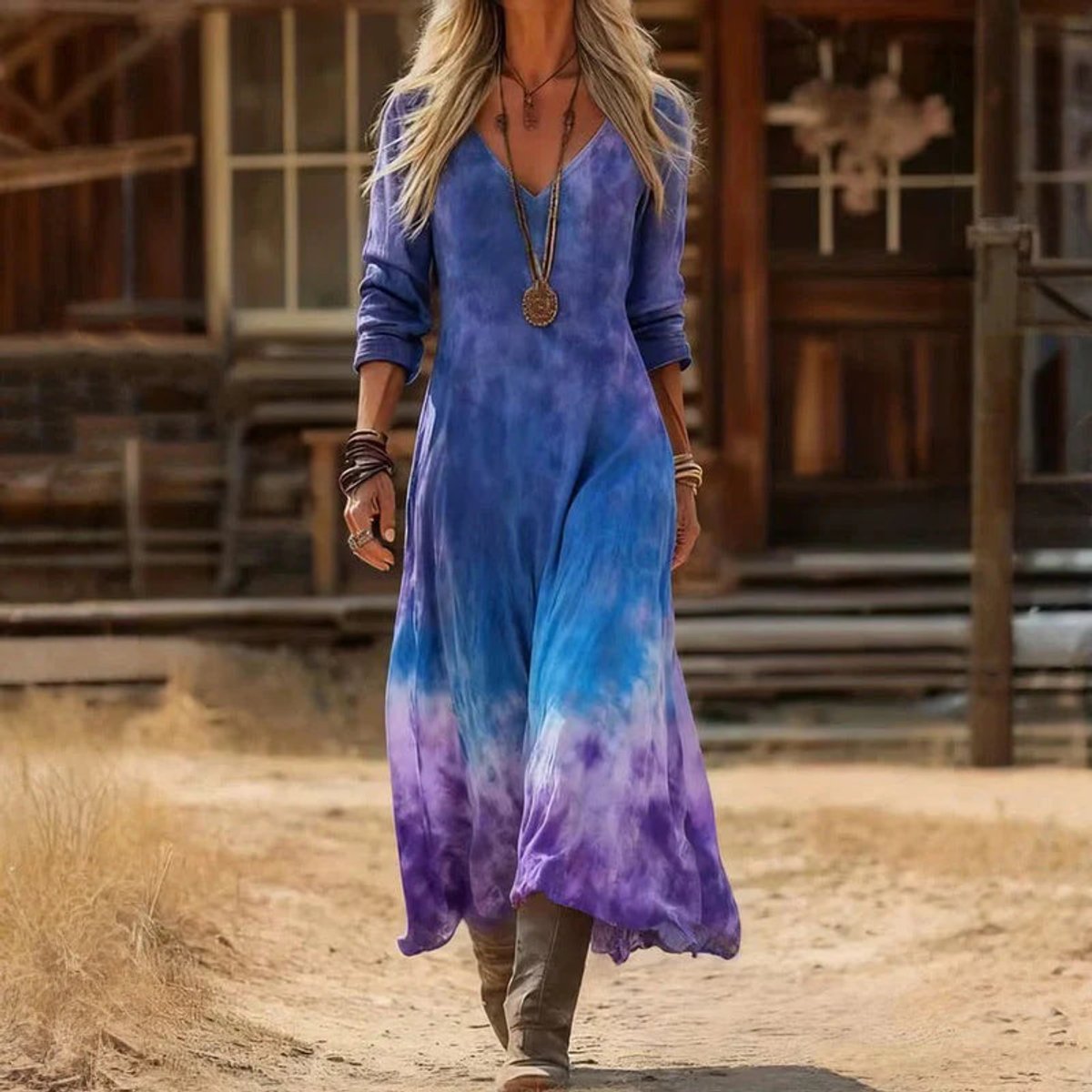 Nora | Dames Vintage V-hals Long Sleeve Dress Bohemian Maxi Jurk