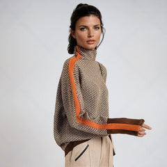 Sara | Dames Visgraat Rolkraag Sweater met Contrasterende Manchetten