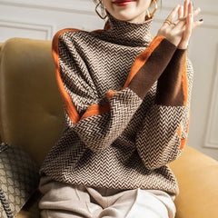 Sara | Dames Visgraat Rolkraag Sweater met Contrasterende Manchetten