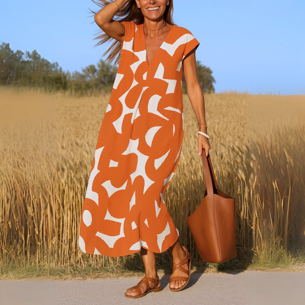 Anna | Dames Vloeiende Maxi Jurk V-hals Grafische Print