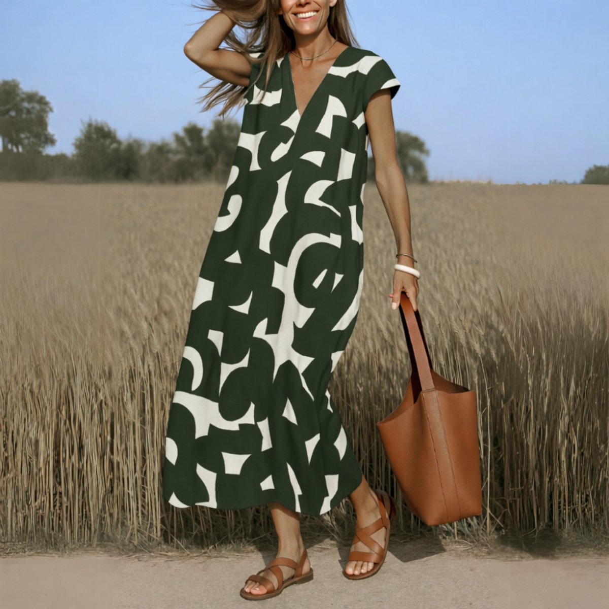 Anna | Dames Vloeiende Maxi Jurk V-hals Grafische Print