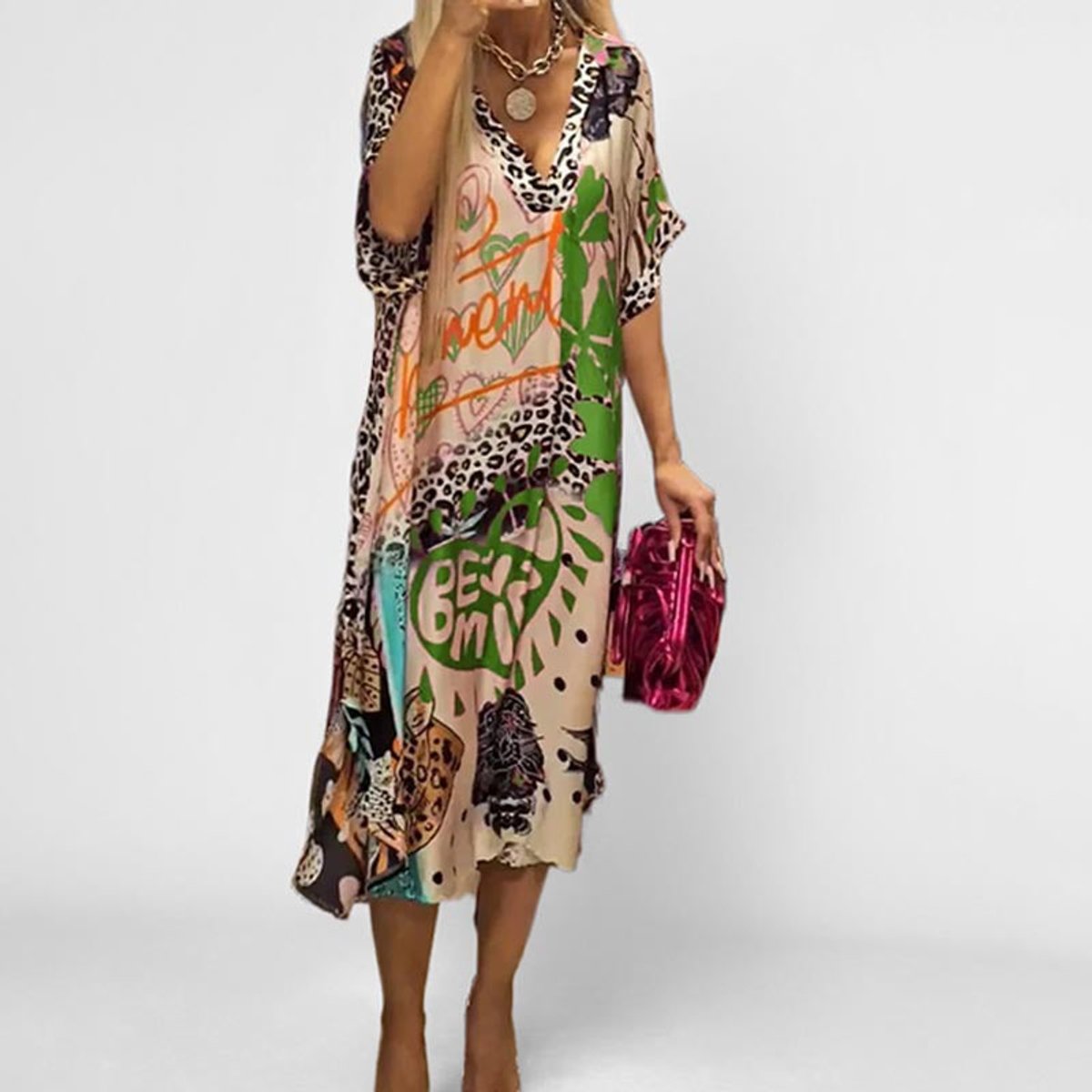 Emma | Dames Wijd Uitlopende Grafisch Bedrukte V-hals Tunic