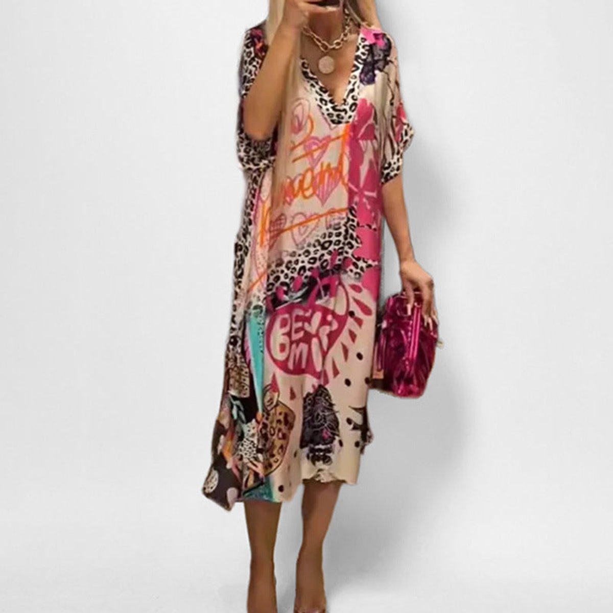 Emma | Dames Wijd Uitlopende Grafisch Bedrukte V-hals Tunic