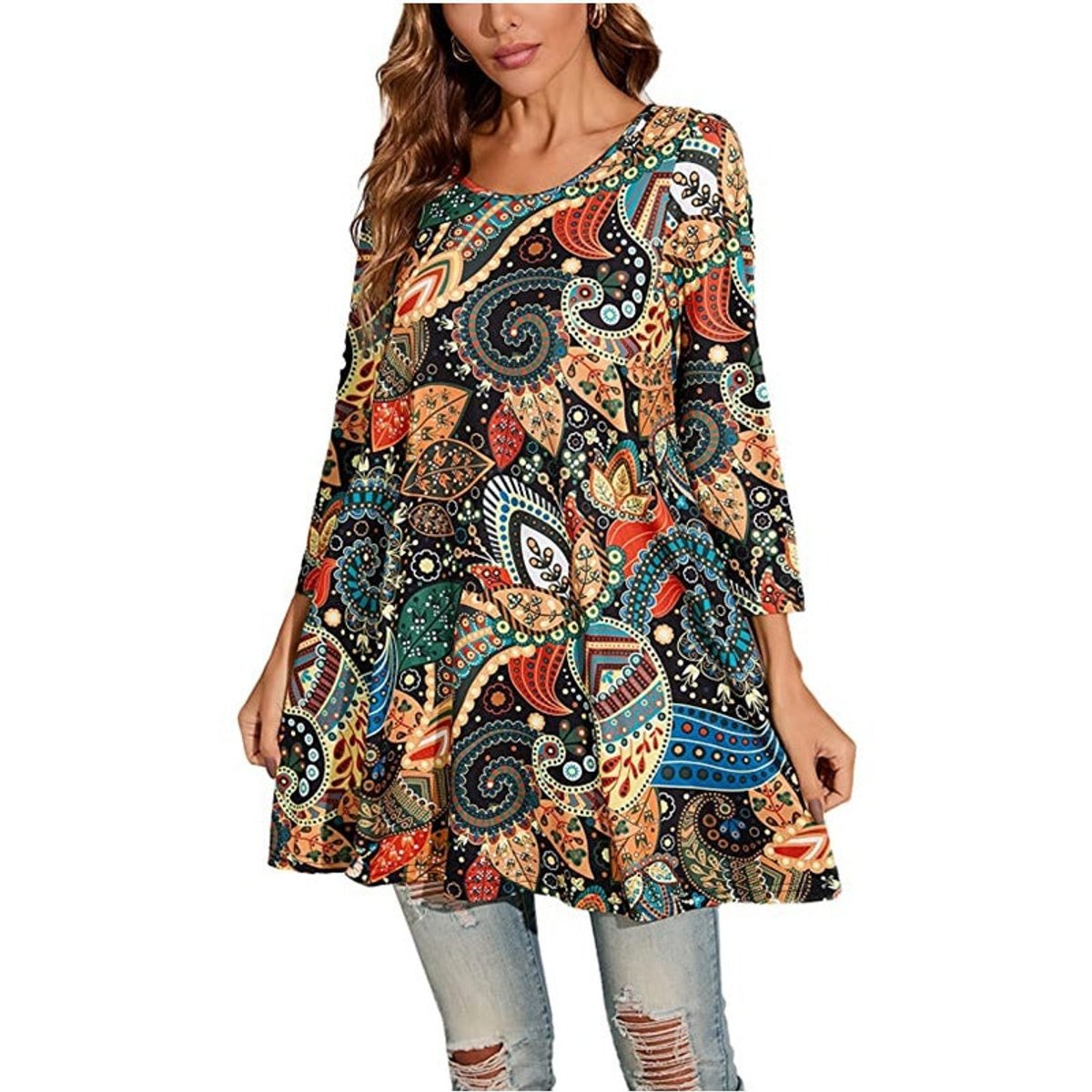 Mila | Dames Wijdvallende Mandalaprint Tunic met Driekwart Mouwen
