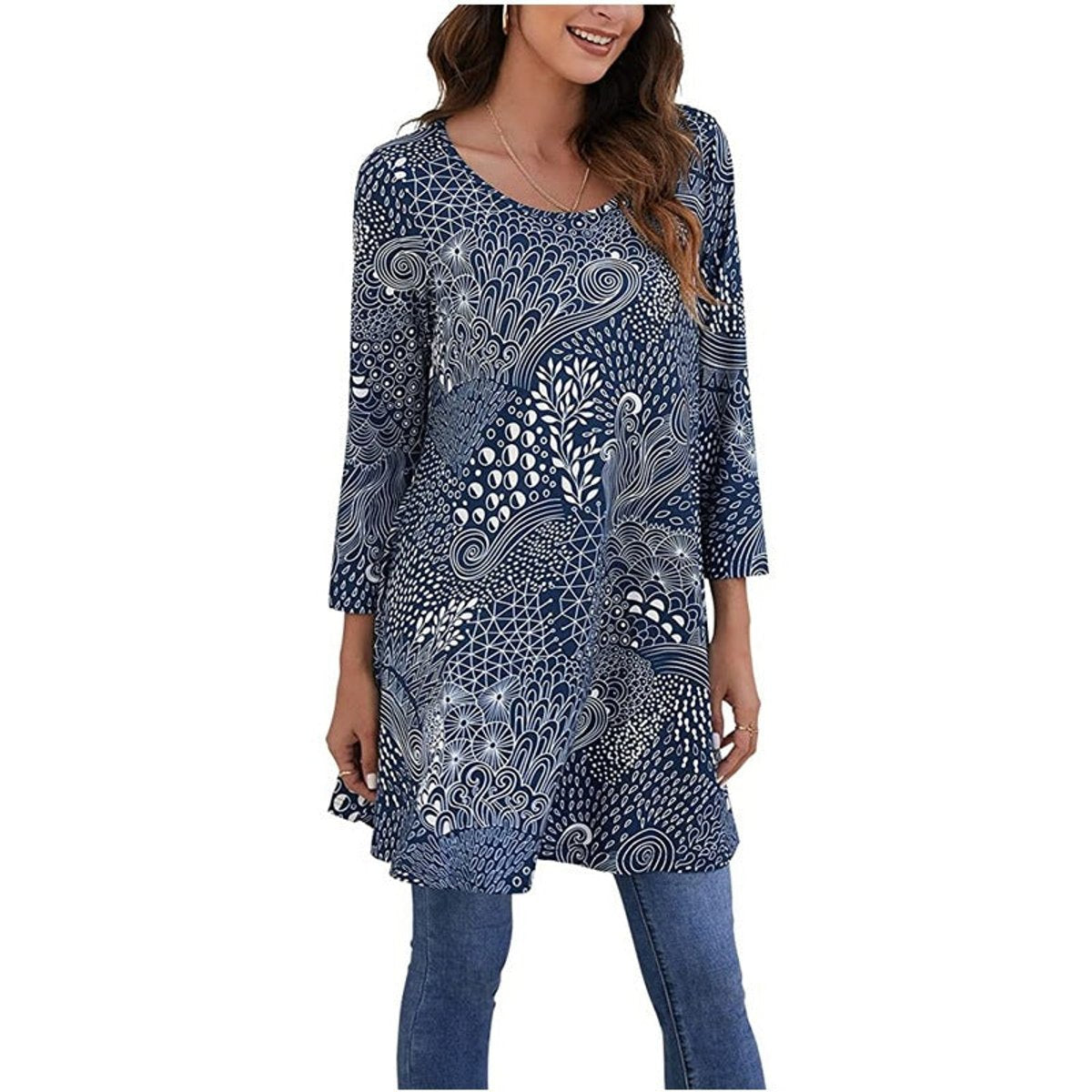 Mila | Dames Wijdvallende Mandalaprint Tunic met Driekwart Mouwen