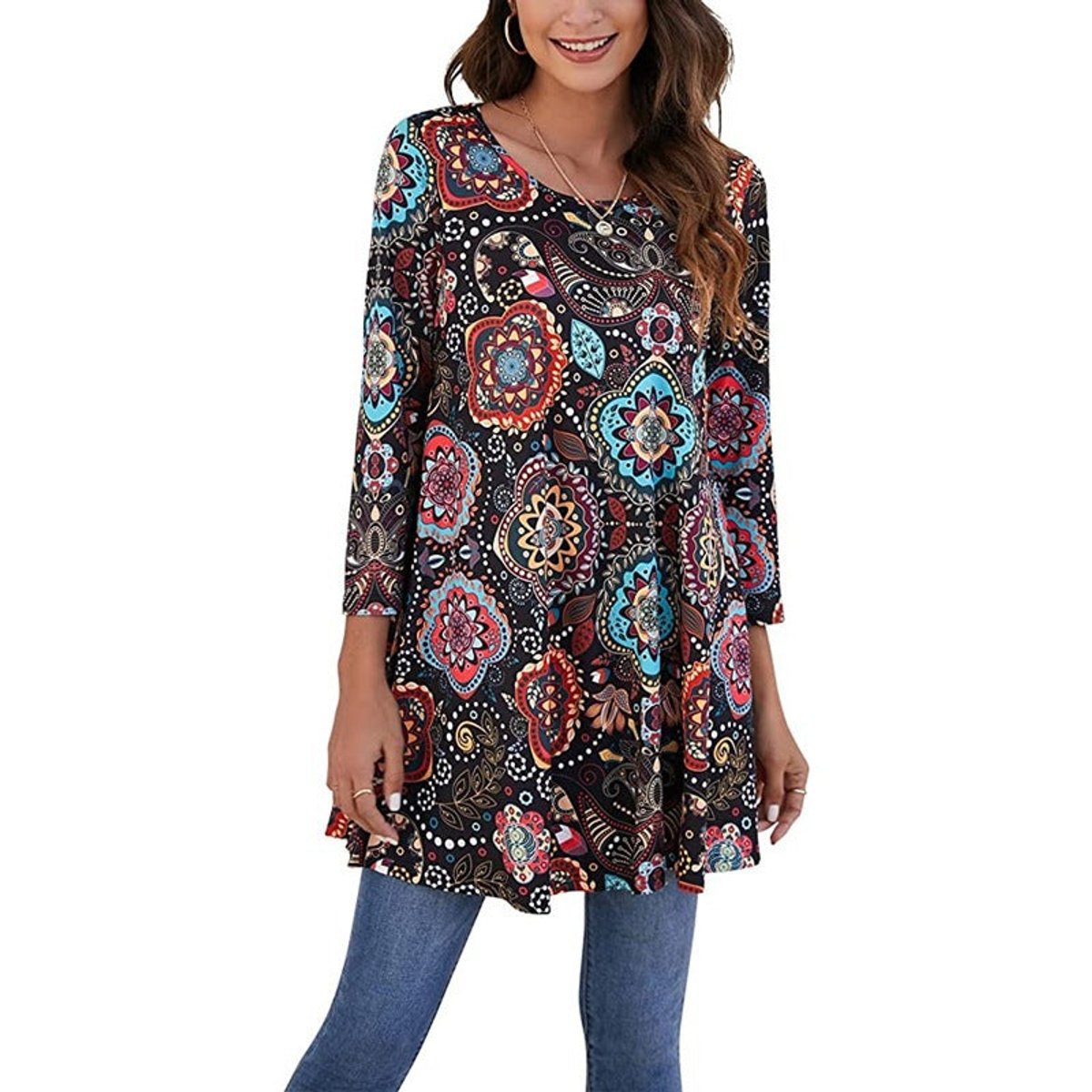 Mila | Dames Wijdvallende Mandalaprint Tunic met Driekwart Mouwen