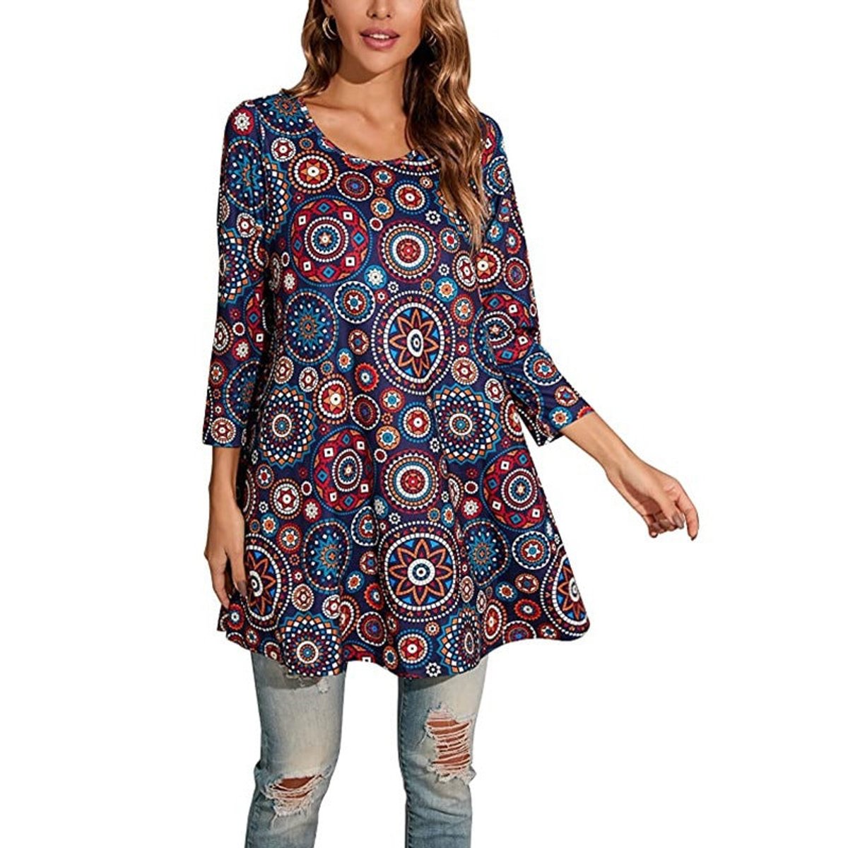 Mila | Dames Wijdvallende Mandalaprint Tunic met Driekwart Mouwen
