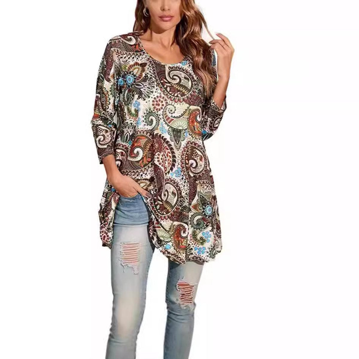 Mila | Dames Wijdvallende Mandalaprint Tunic met Driekwart Mouwen