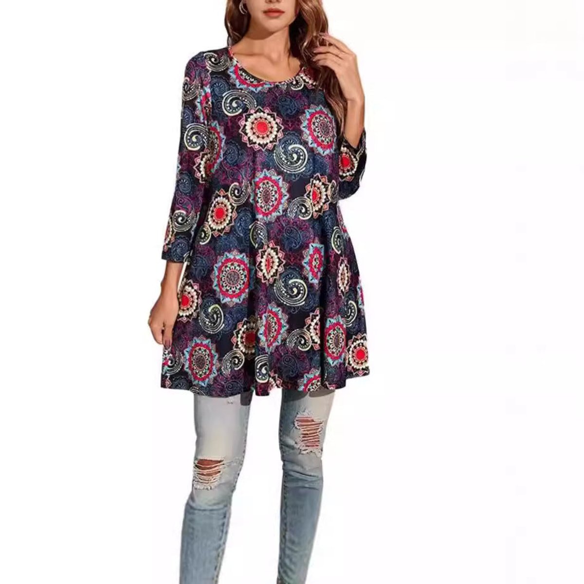 Mila | Dames Wijdvallende Mandalaprint Tunic met Driekwart Mouwen