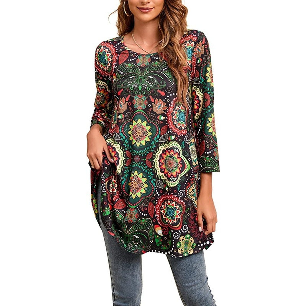 Mila | Dames Wijdvallende Mandalaprint Tunic met Driekwart Mouwen
