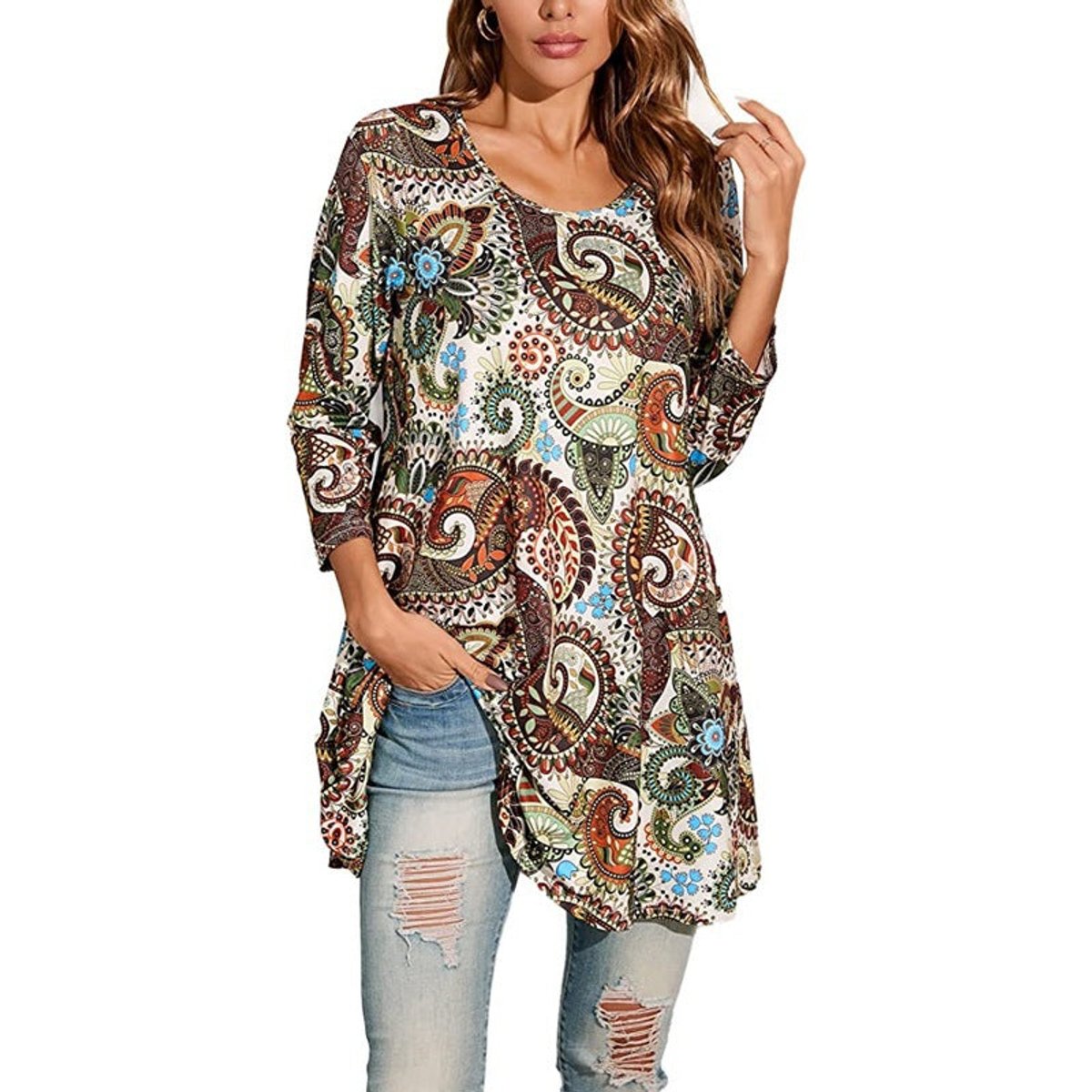 Mila | Dames Wijdvallende Mandalaprint Tunic met Driekwart Mouwen