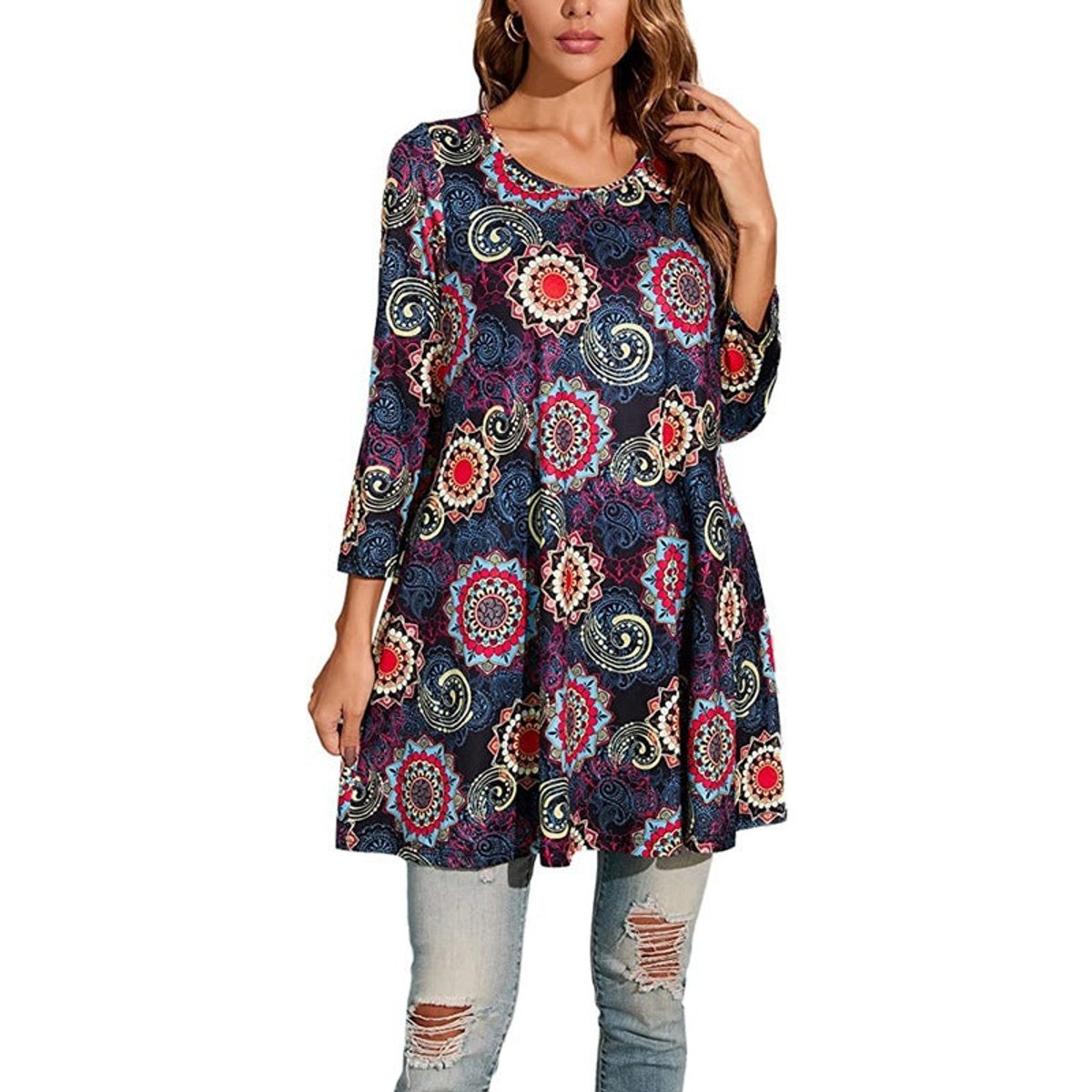 Mila | Dames Wijdvallende Mandalaprint Tunic met Driekwart Mouwen