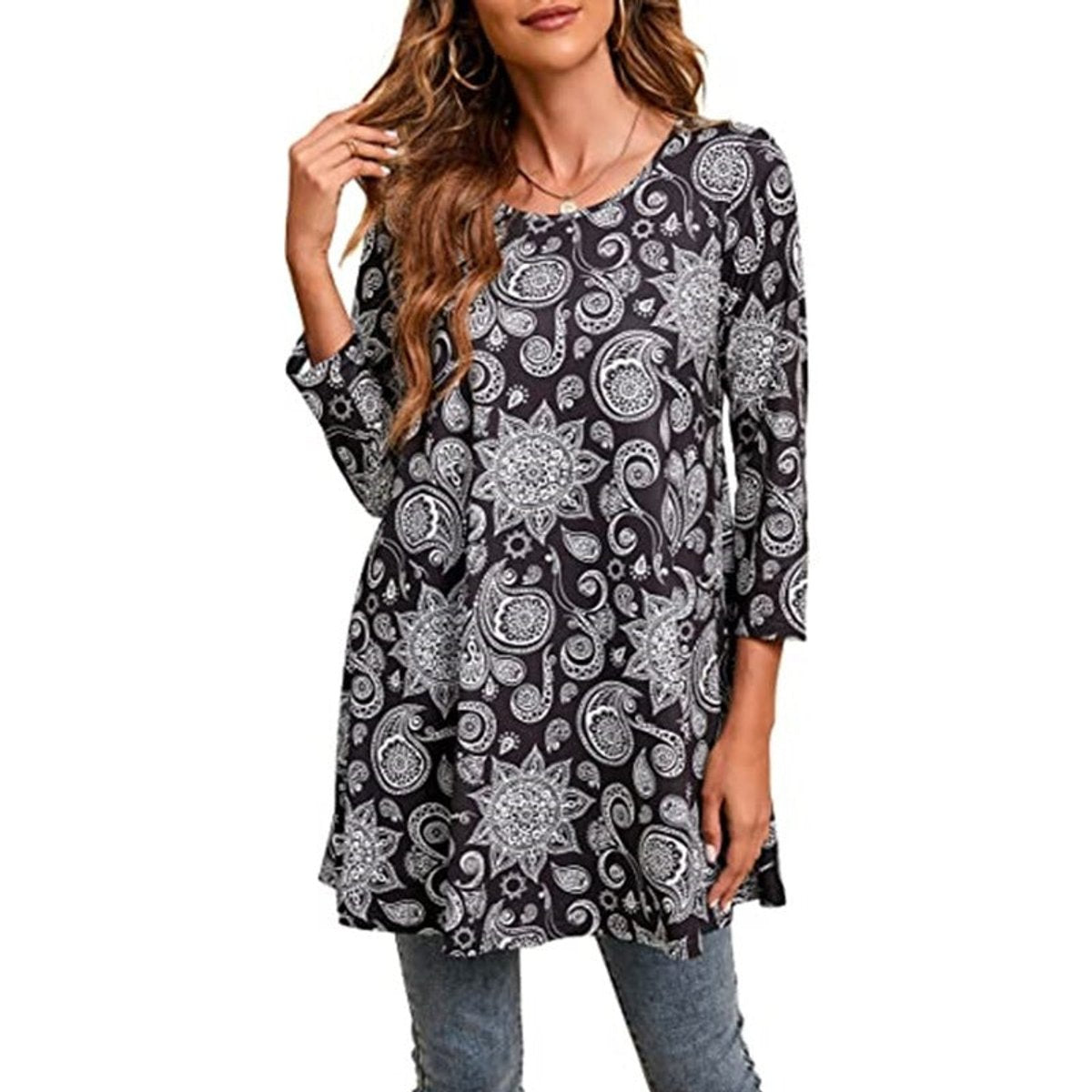 Mila | Dames Wijdvallende Mandalaprint Tunic met Driekwart Mouwen