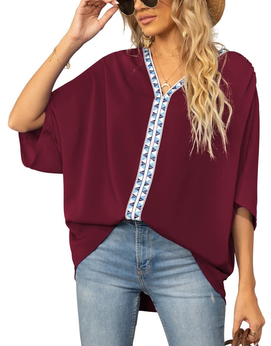 Sophie | Dames Wijdvallende V-hals Tunic Geometrische Borduurrand