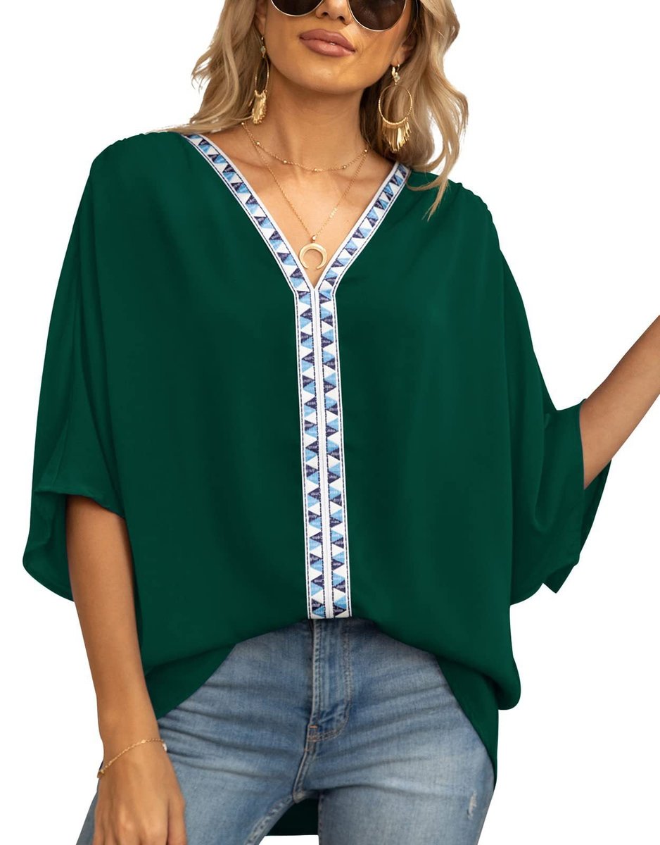 Sophie | Dames Wijdvallende V-hals Tunic Geometrische Borduurrand