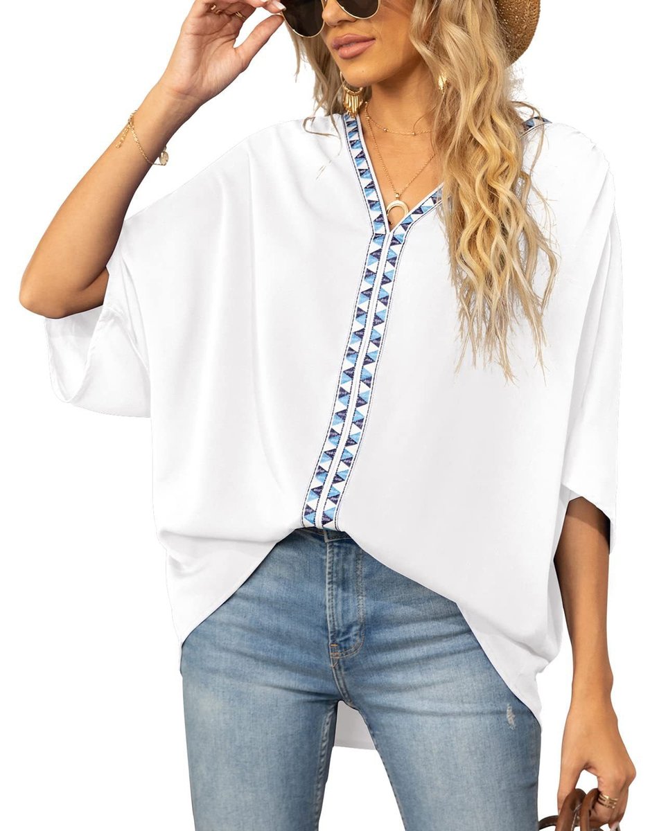 Sophie | Dames Wijdvallende V-hals Tunic Geometrische Borduurrand