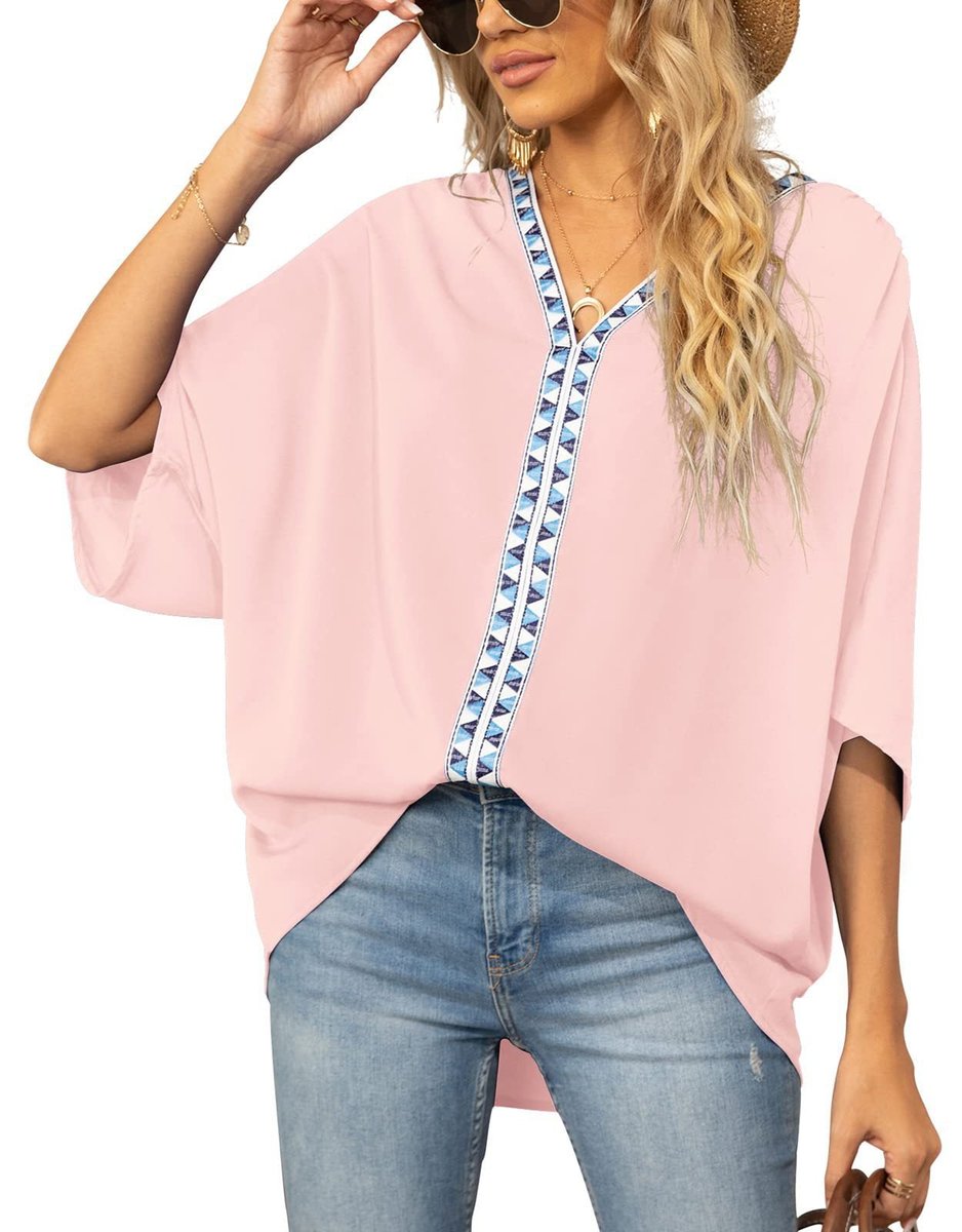 Sophie | Dames Wijdvallende V-hals Tunic Geometrische Borduurrand
