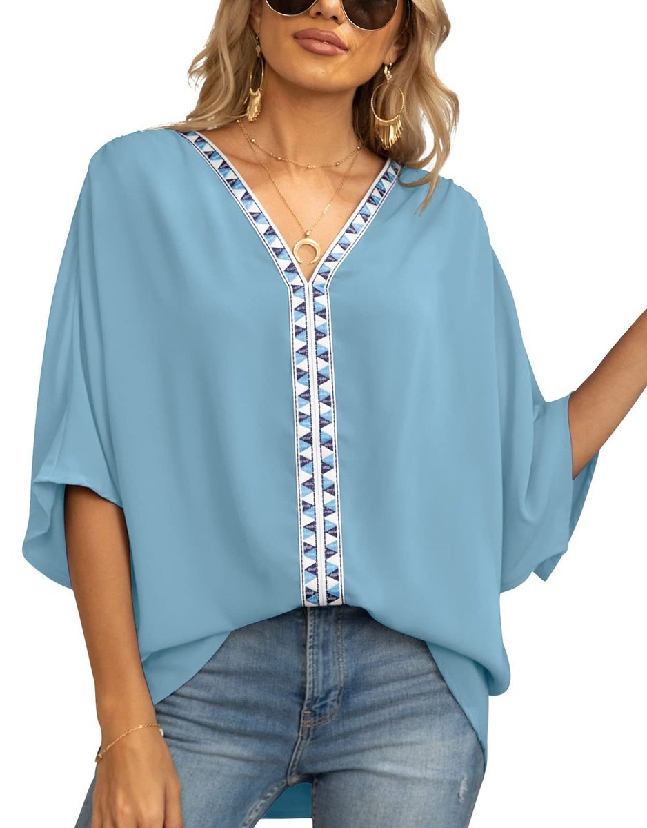 Sophie | Dames Wijdvallende V-hals Tunic Geometrische Borduurrand