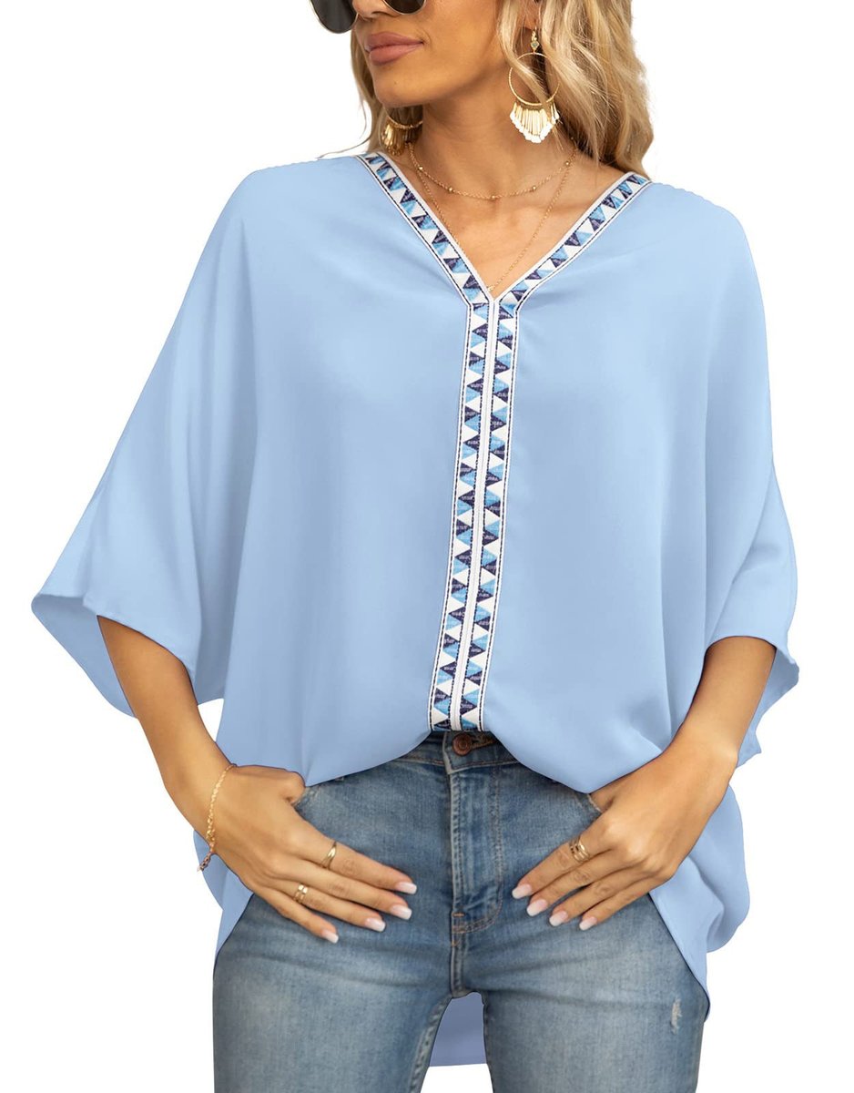 Sophie | Dames Wijdvallende V-hals Tunic Geometrische Borduurrand