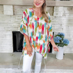 Olivia | Dames Wijdvallende V-hals Tunic Kleurrijke Abstracte Print