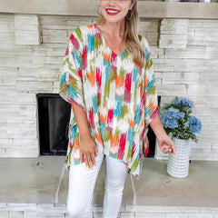 Olivia | Dames Wijdvallende V-hals Tunic Kleurrijke Abstracte Print