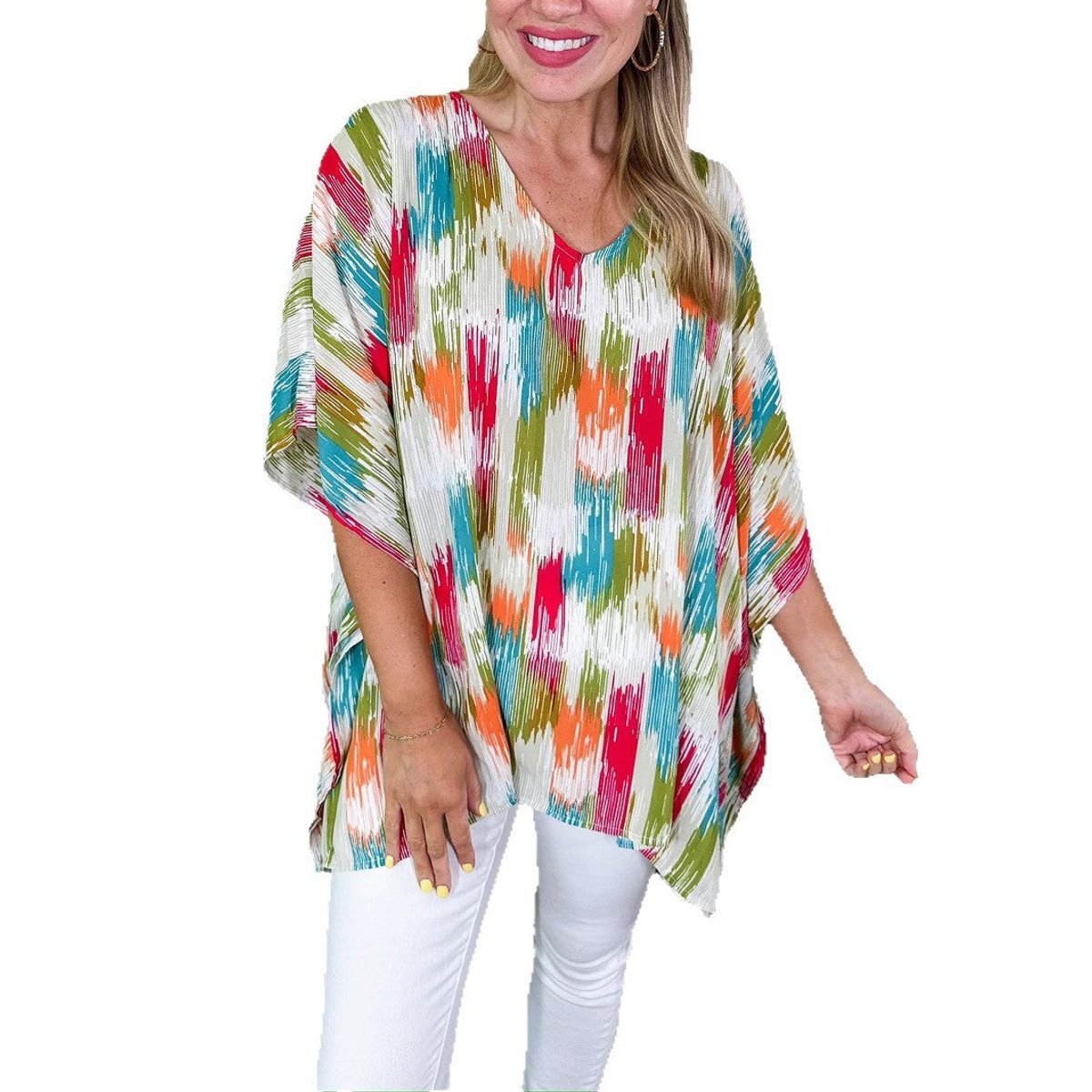 Olivia | Dames Wijdvallende V-hals Tunic Kleurrijke Abstracte Print