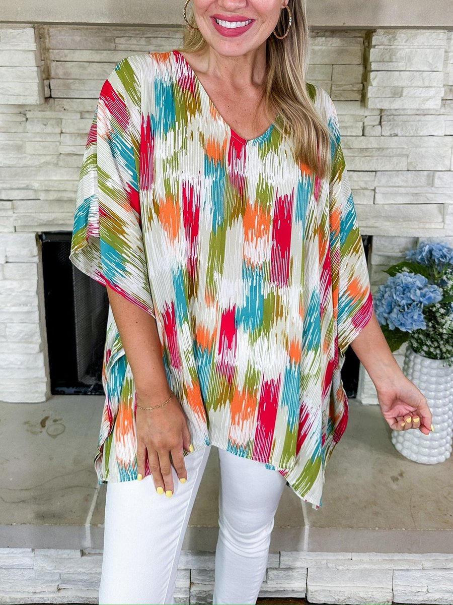 Olivia | Dames Wijdvallende V-hals Tunic Kleurrijke Abstracte Print