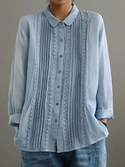 Yara | Dames Witte Kant-Geplooide Knoopsluiting Lange Mouw Blouse