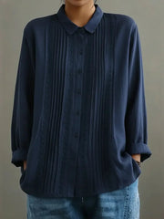 Yara | Dames Witte Kant-Geplooide Knoopsluiting Lange Mouw Blouse