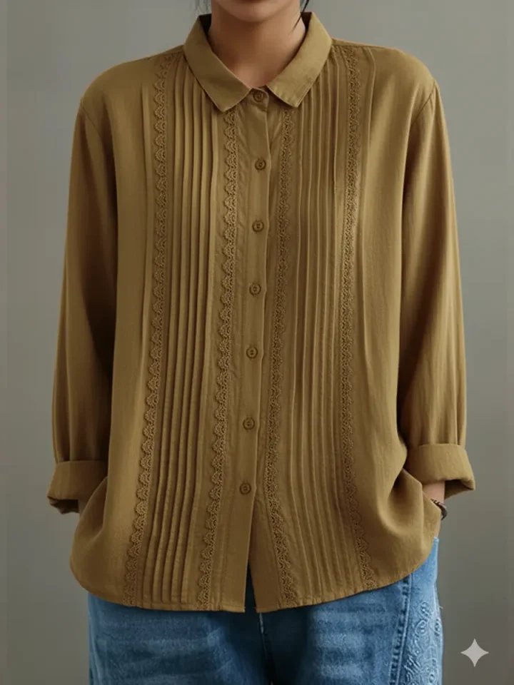 Yara | Dames Witte Kant-Geplooide Knoopsluiting Lange Mouw Blouse