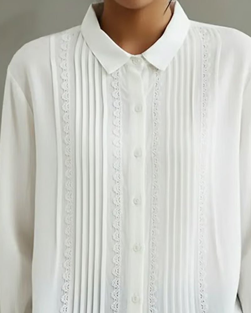 Yara | Dames Witte Kant-Geplooide Knoopsluiting Lange Mouw Blouse