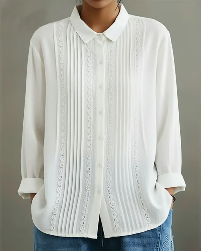 Yara | Dames Witte Kant-Geplooide Knoopsluiting Lange Mouw Blouse
