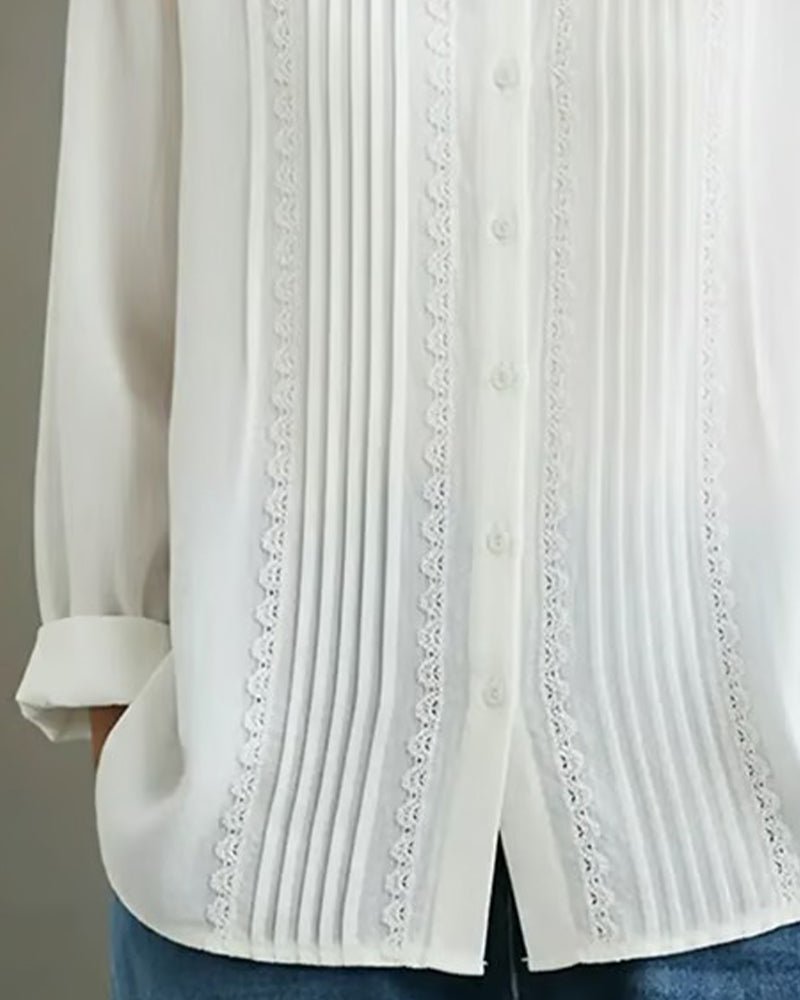 Yara | Dames Witte Kant-Geplooide Knoopsluiting Lange Mouw Blouse