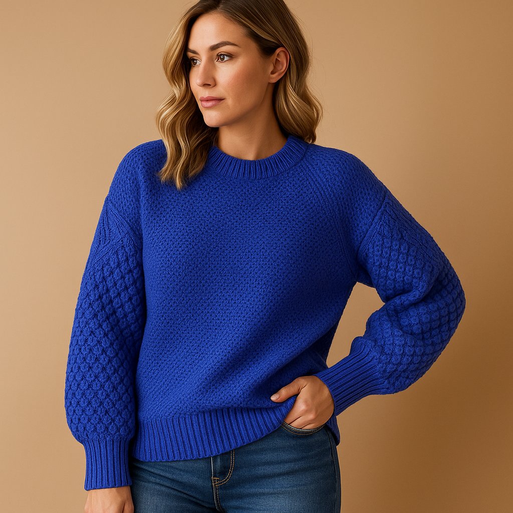 Emma | Dames Zachte Gebreide Crew-Neck Pullover met Kabelpatroon Mouwen