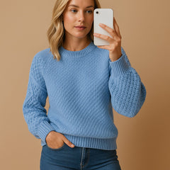 Emma | Dames Zachte Gebreide Crew-Neck Pullover met Kabelpatroon Mouwen